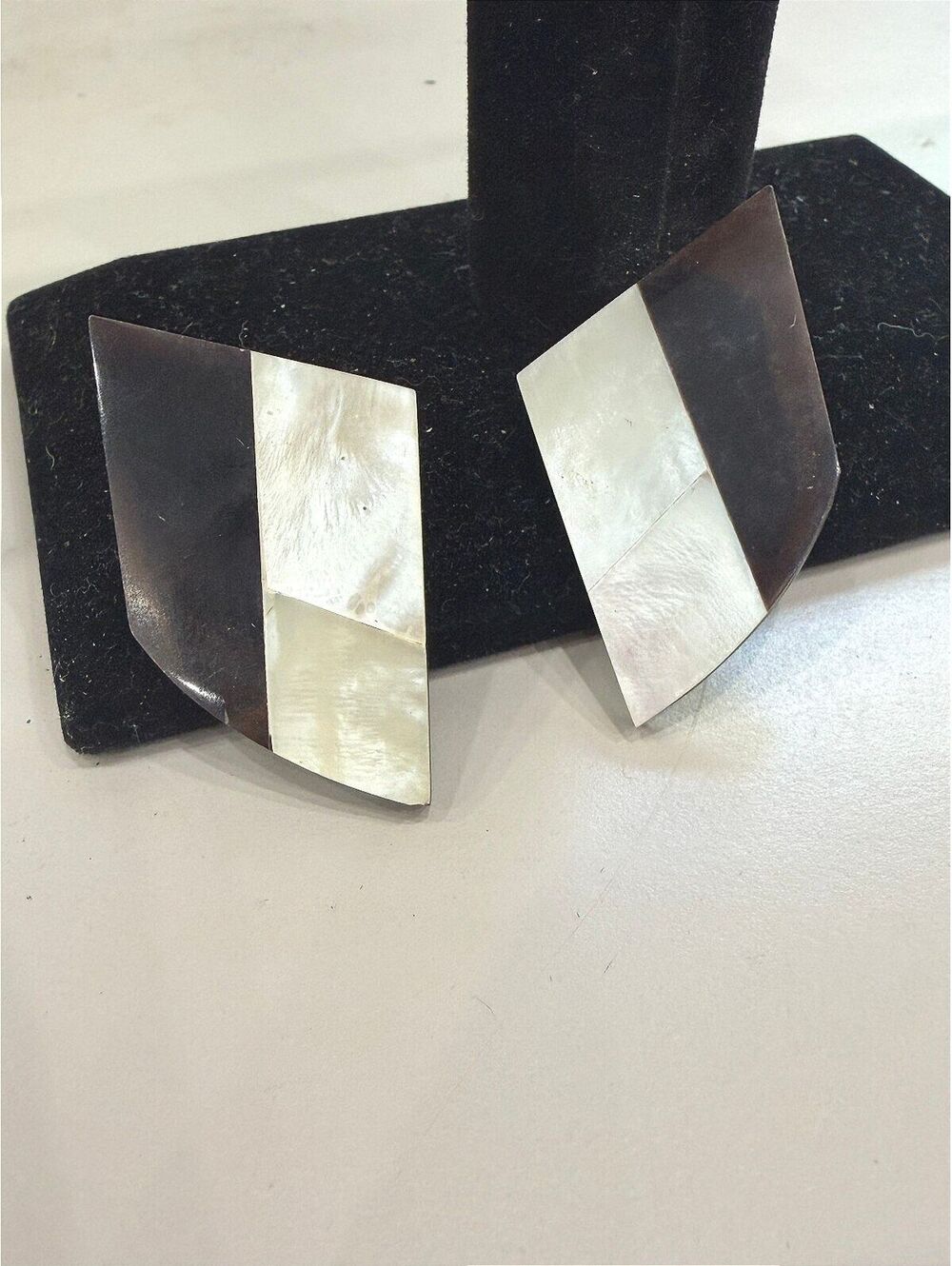 Vintage Geometric Black and White Statement Earrings Mother of Pearl